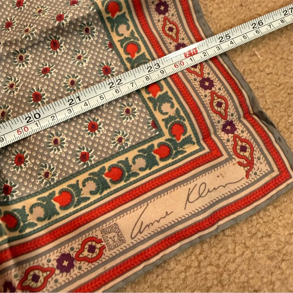 Anne Klein Vintage southwestern floral Grey teal Burgandy Red silk Scarf